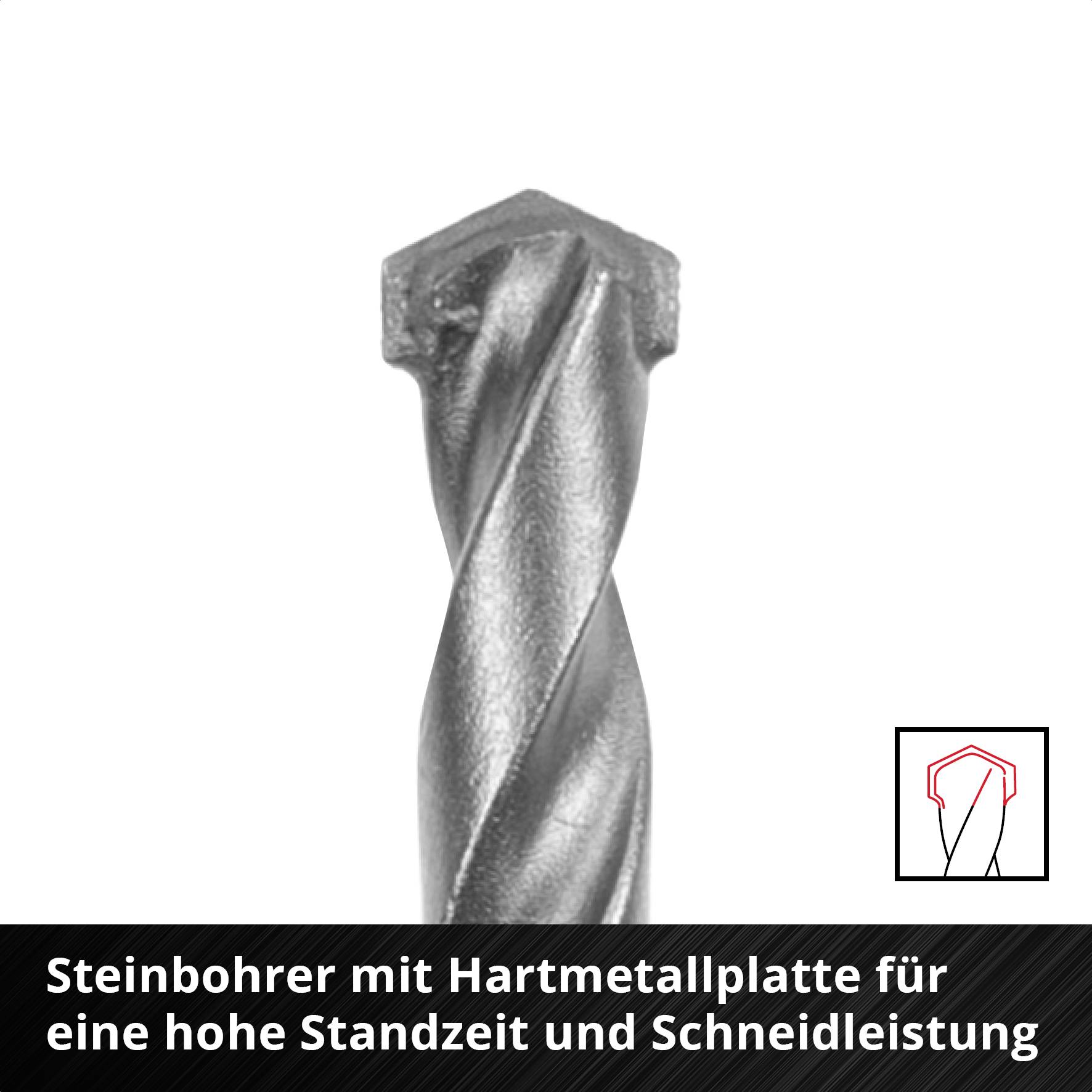 Steinbohrer mit Hartmetallspitze, schwarz, zur Erhöhung von Standzeit und Schneidleistung.