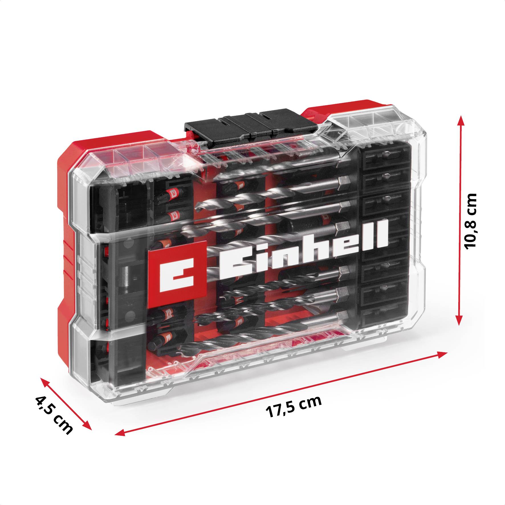 Einhell Bitsatz in einem transparenten Kunststoffgehäuse mit roten Akzenten; Maße: 17,5 cm x 10,8 cm x 4,5 cm.