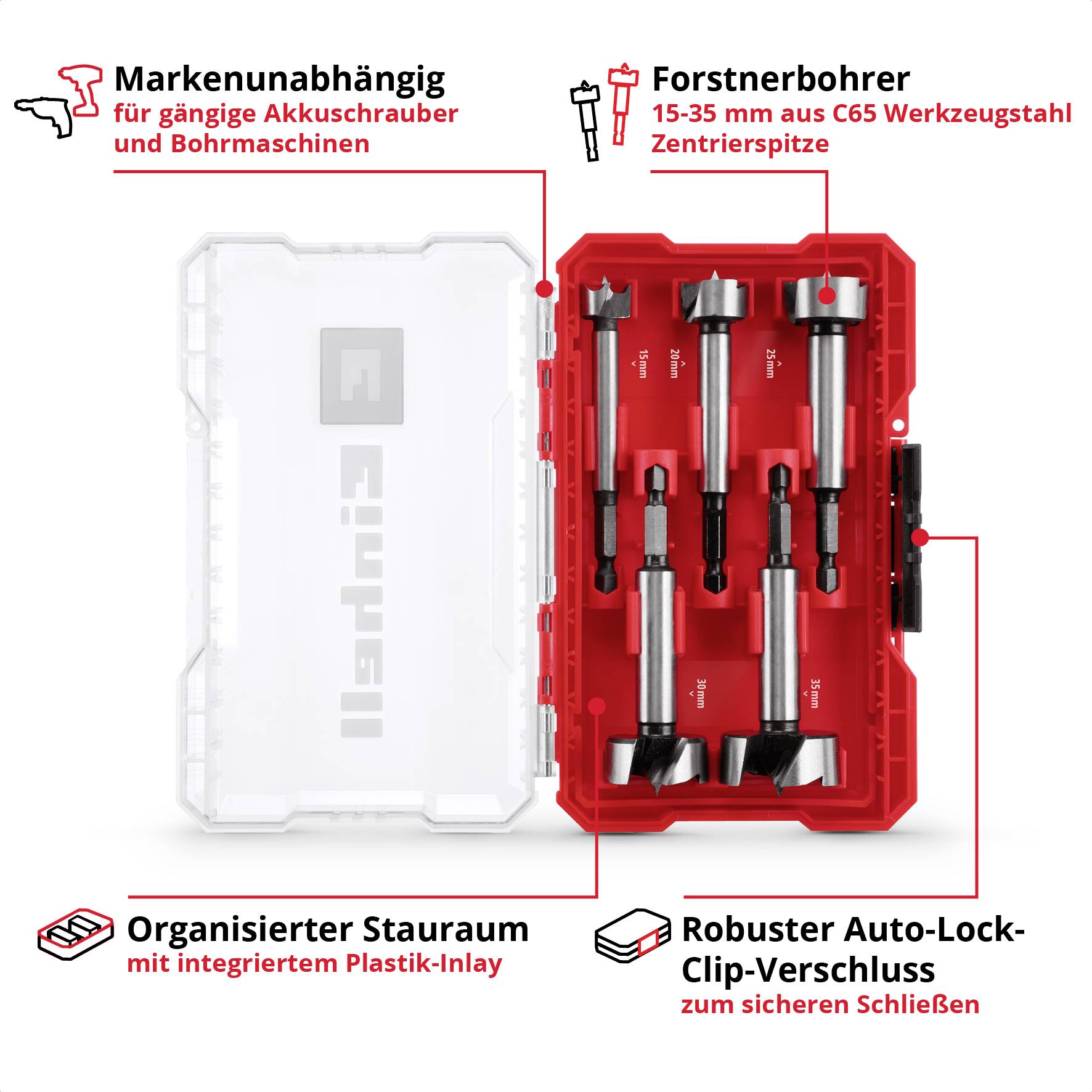 Akkuwerkzeug-Set mit Forstnerbohrern. Enthält Organizer-Stauraum und Auto-Lock-Verschluss für gängige Bohrschrauber.