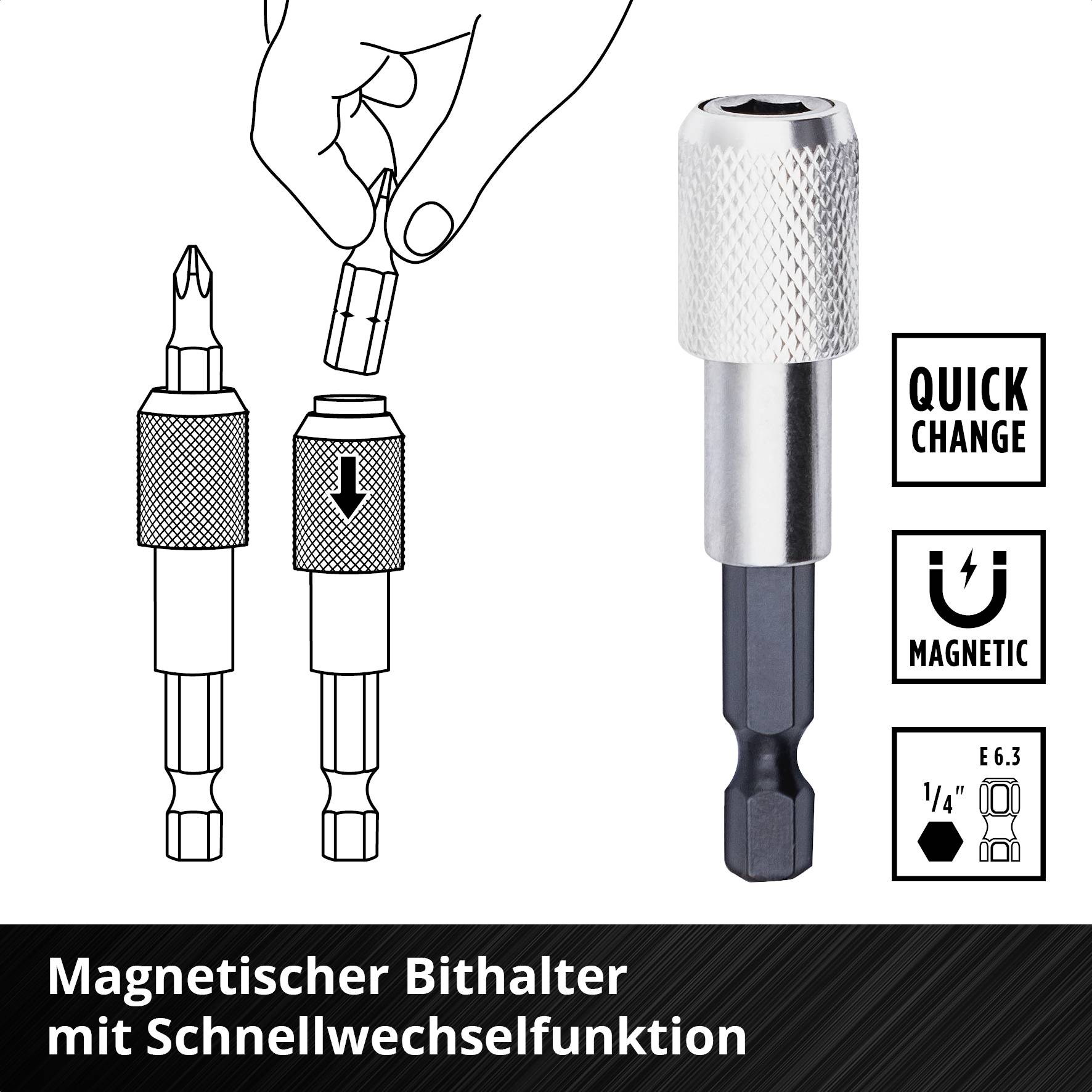 Magnetischer Bithalter mit Schnellwechselfunktion und Magnetkraft, zeigt das Einsetzen eines Bits in den Halter.