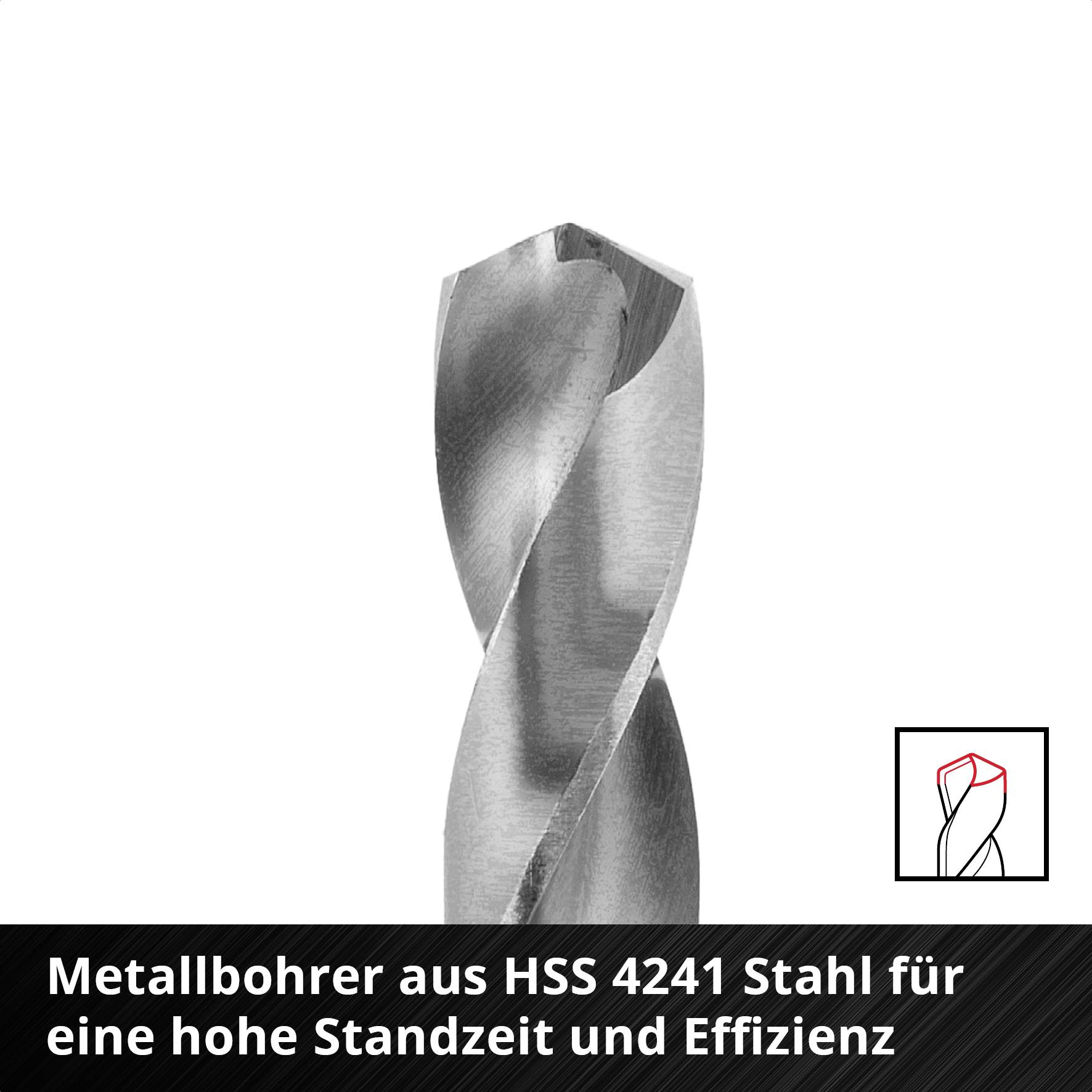 Metallbohrer aus HSS 4241 Stahl, bekannt für hohe Standzeit und Effizienz, vor weißem Hintergrund.