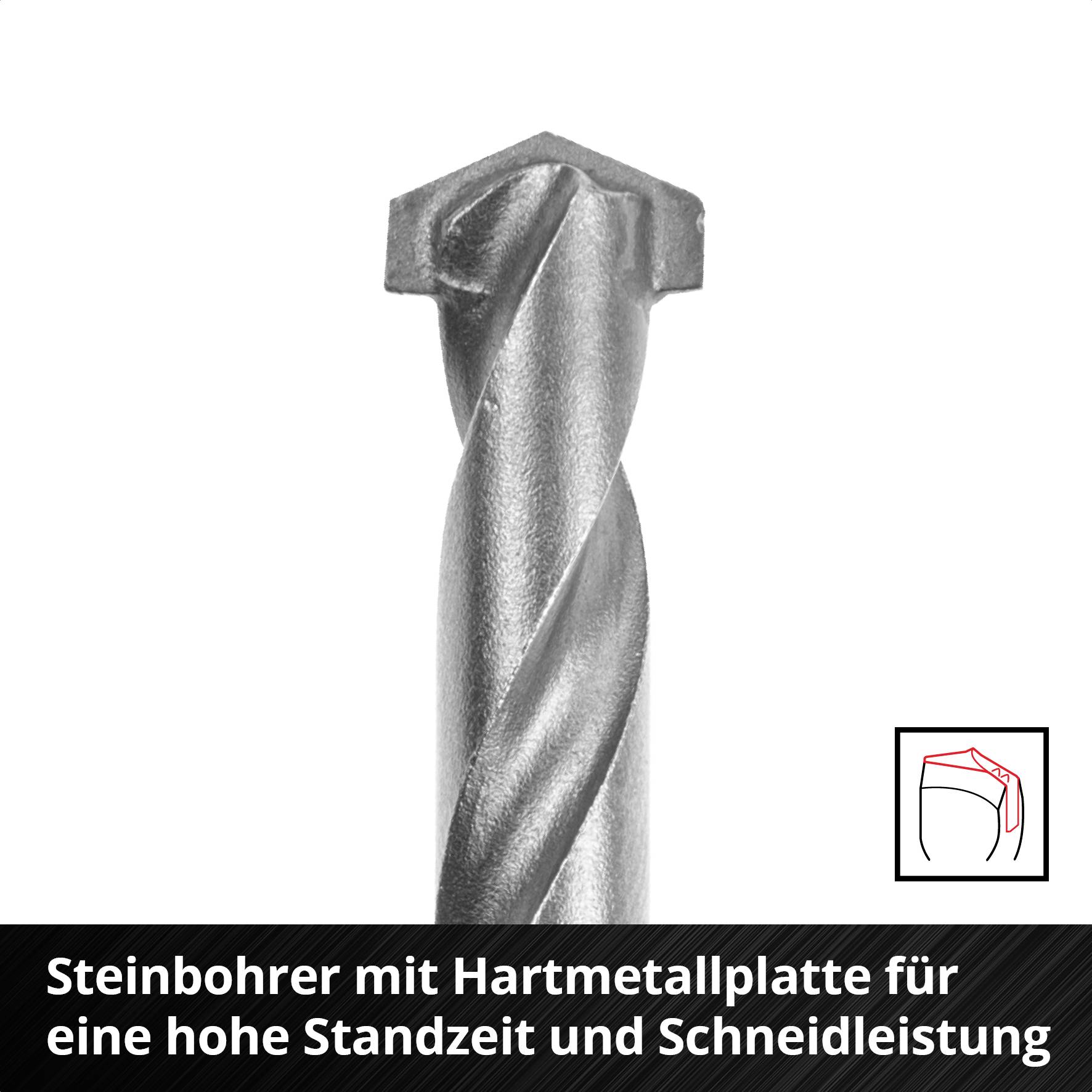 'Steinbohrer mit Hartmetallplatte für hohe Standzeit und Schneidleistung' zeigt ein spiralförmiges Bohrerdesign für Beton.