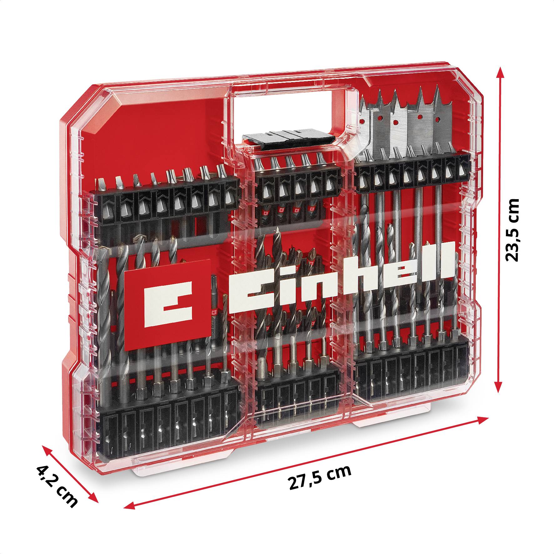 Einhell Bohrerset in transparentem Kunststoffkoffer. Set enthält verschiedene Bohrer, markiert mit Produktlogo. Maße: 23,5 cm x 27,5 cm x 4,2 cm.