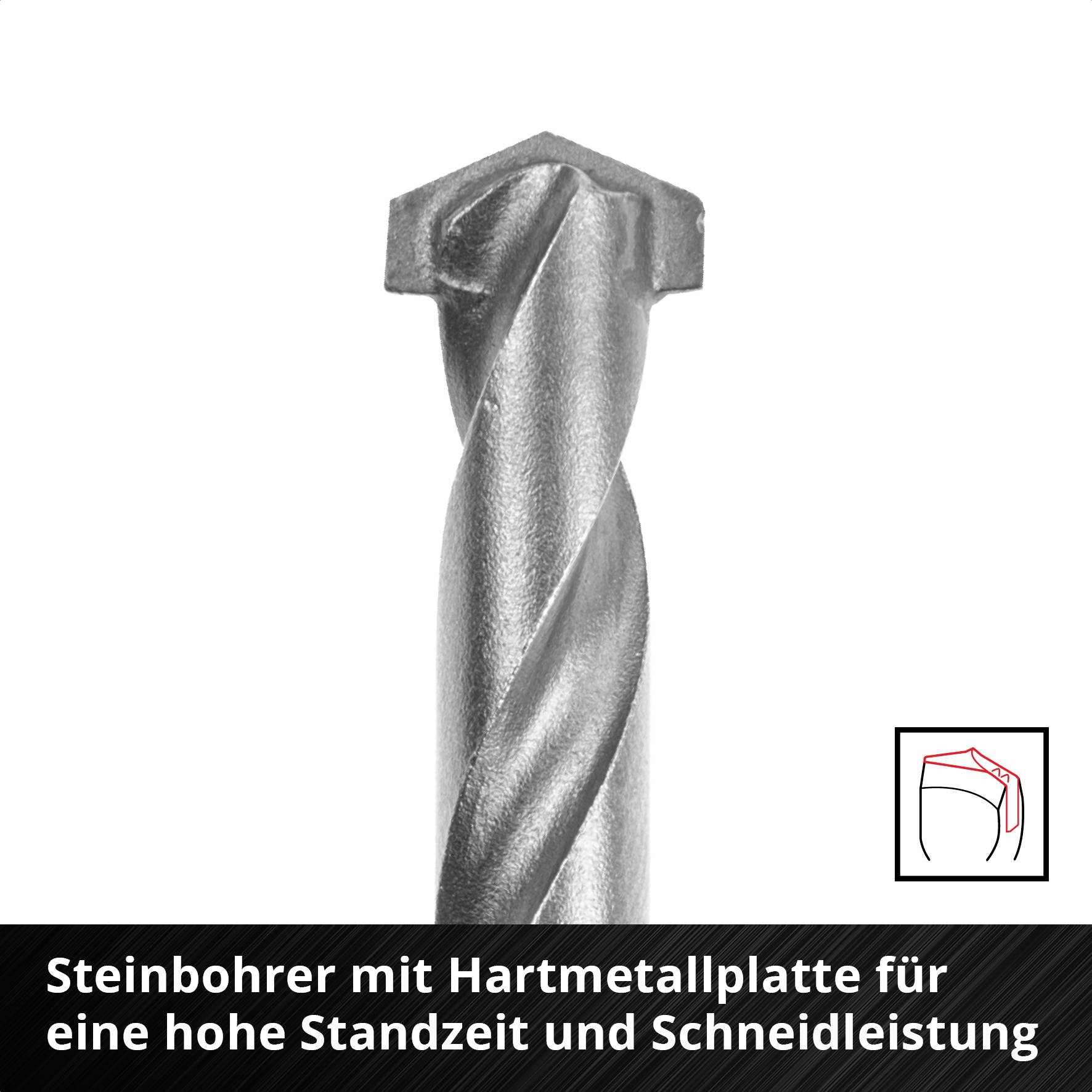 Silberner Steinbohrer mit Hartmetallplatte für hohe Standzeit und Schneidleistung, Abbildung des Bohrwerkzeugs.