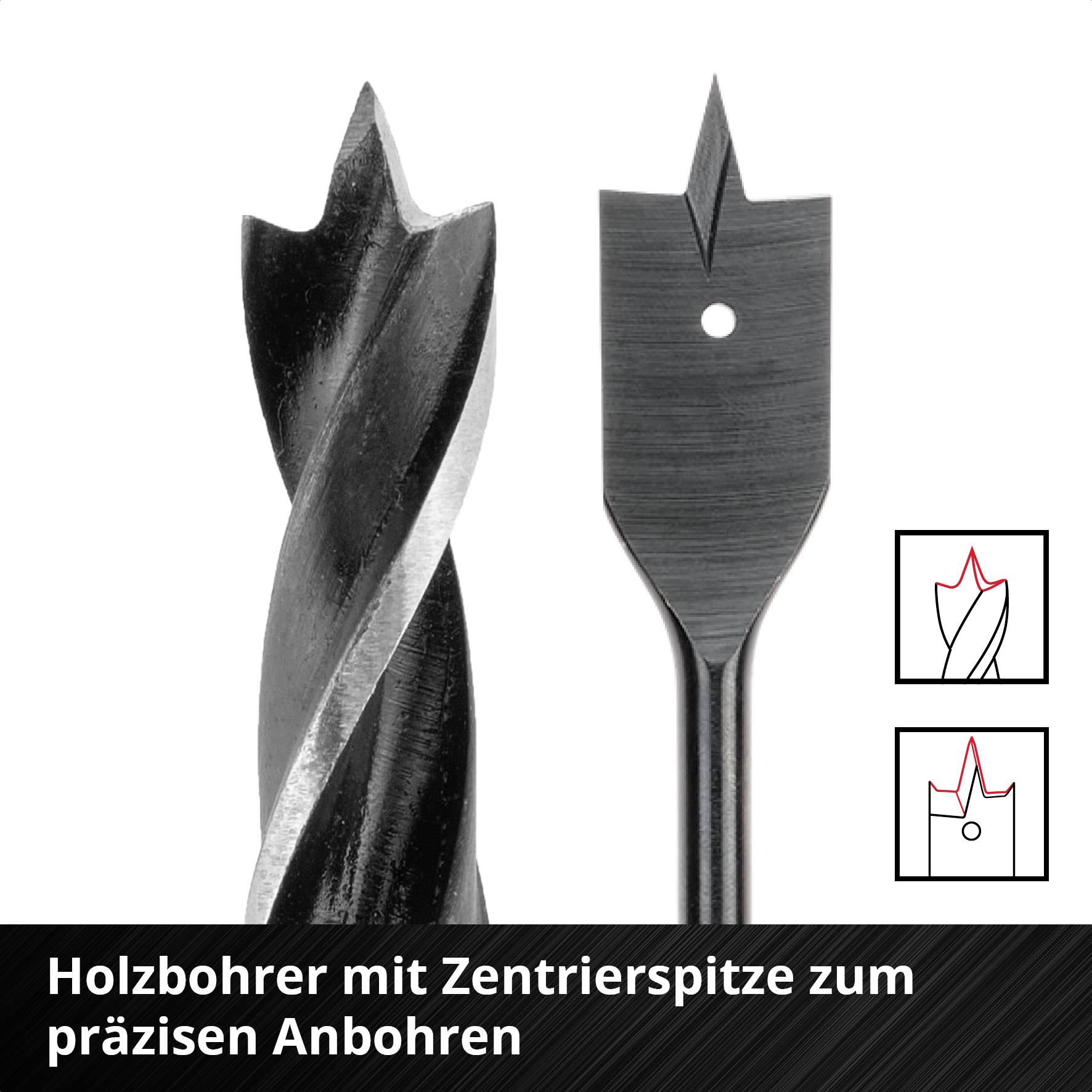 'Holzbohrer mit Zentrierspitze für präzises Anbohren' zeigt zwei Bohrerarten: links Spiralbohrer, rechts Flachfräsbohrer, mit Diagramm.