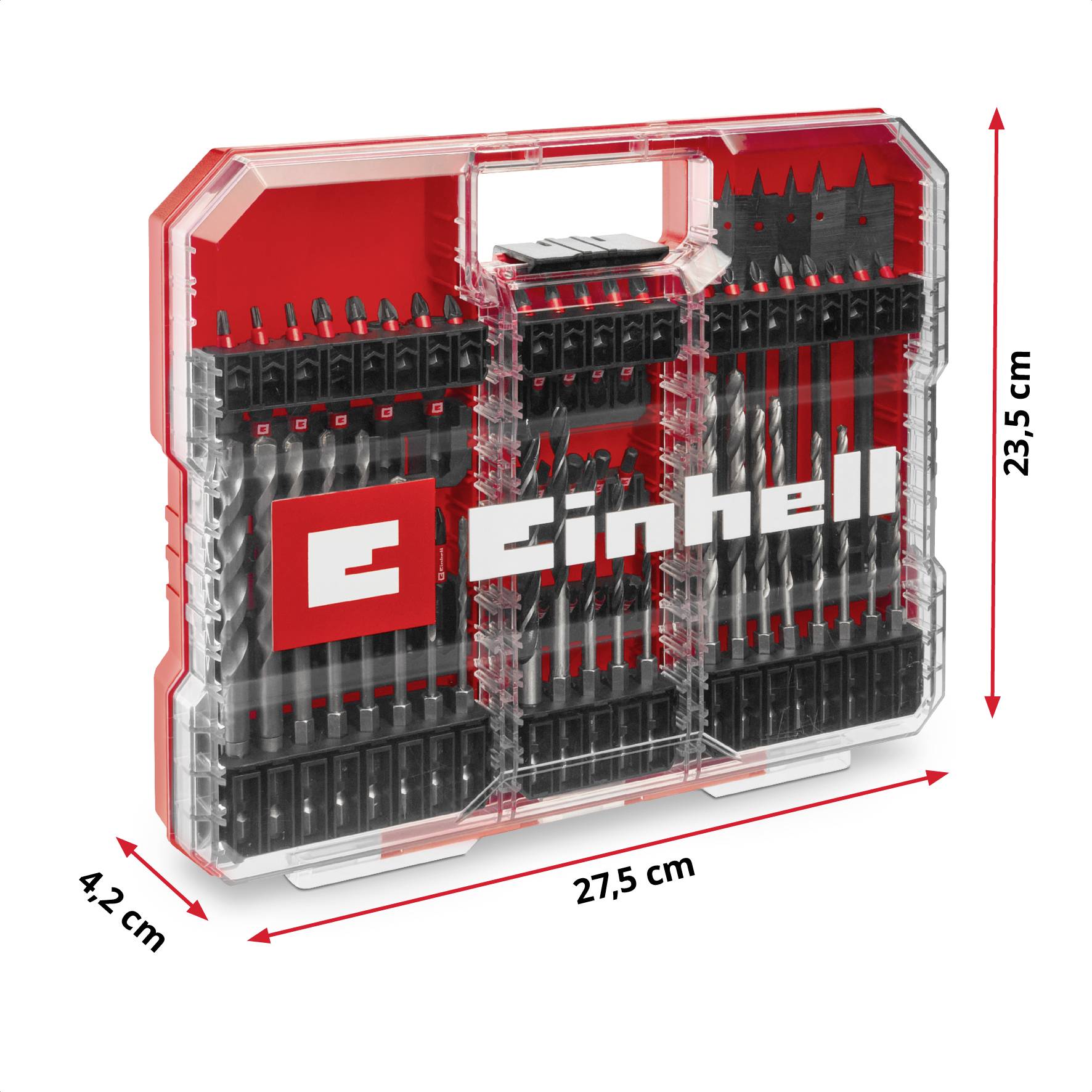'Einhell' Bohrer-Set in rotem Kunstoffkoffer, 23,5 cm hoch, 27,5 cm breit und 4,2 cm tief. Klarer Deckel zeigt verschiedene Bohrergrößen.