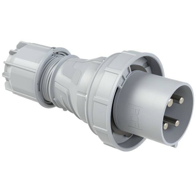 Grauer, dreipoliger Stecker für industrielle Anwendungen mit robustem Gehäuse und Verriegelungsmechanismus.