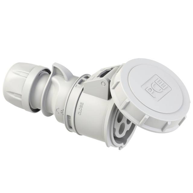 Ein weißer, zylinderförmiger elektrischer Stecker mit mehreren Einstecköffnungen und einer großen runden Kappe mit 'PCE'-Logo.