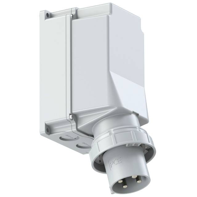 Ein grauer, industrieller Stecker mit einem stabilen Gehäuse, geeignet für raue Umgebungen. Er hat mehrere Anschlussstifte.
