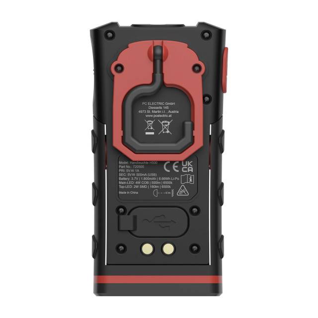 Ein elektronisches Gerät mit mehreren Anschlüssen und Markierungen, einschließlich CE- und UKCA-Zertifizierungen auf der Rückseite.