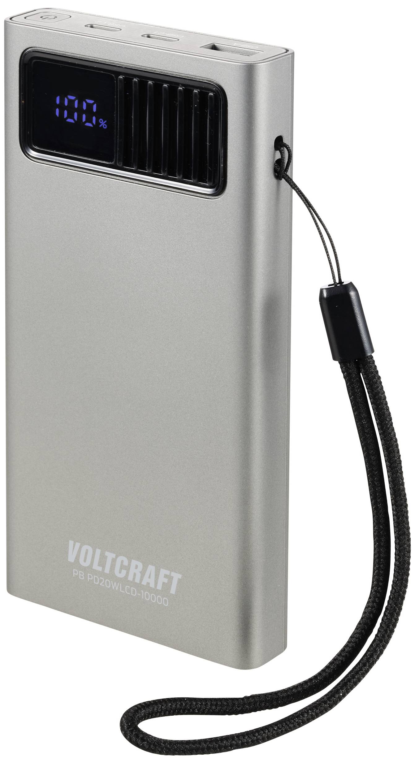 Eine silberne Powerbank mit Digitalanzeige und Trageschlaufe, markiert als 'VOLTCRAFT PB-19000WH LCD-80000'.