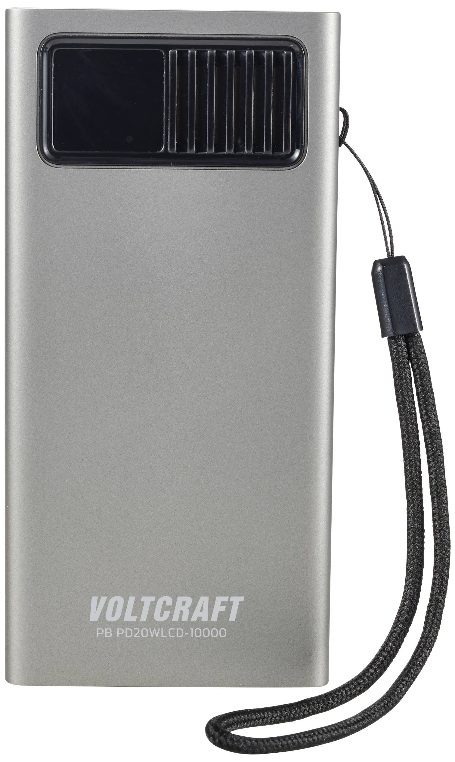 Silberne Powerbank mit schwarzem Display und Lüftungsschlitzen, seitlich ein Trageriemen. Marke 'Voltcraft', Modell 'PB PD20WLCD-10000'.