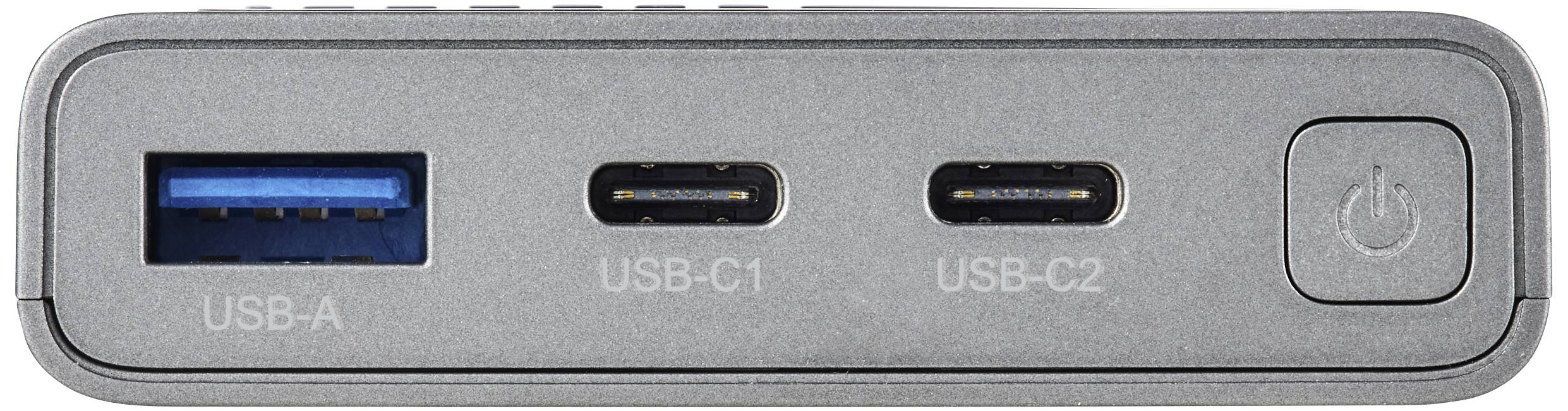 Powerbank-Anschlussleiste mit einem USB-A-Anschluss, zwei USB-C-Anschlüssen (USB-C1, USB-C2) und einem Ein/Aus-Schalter.