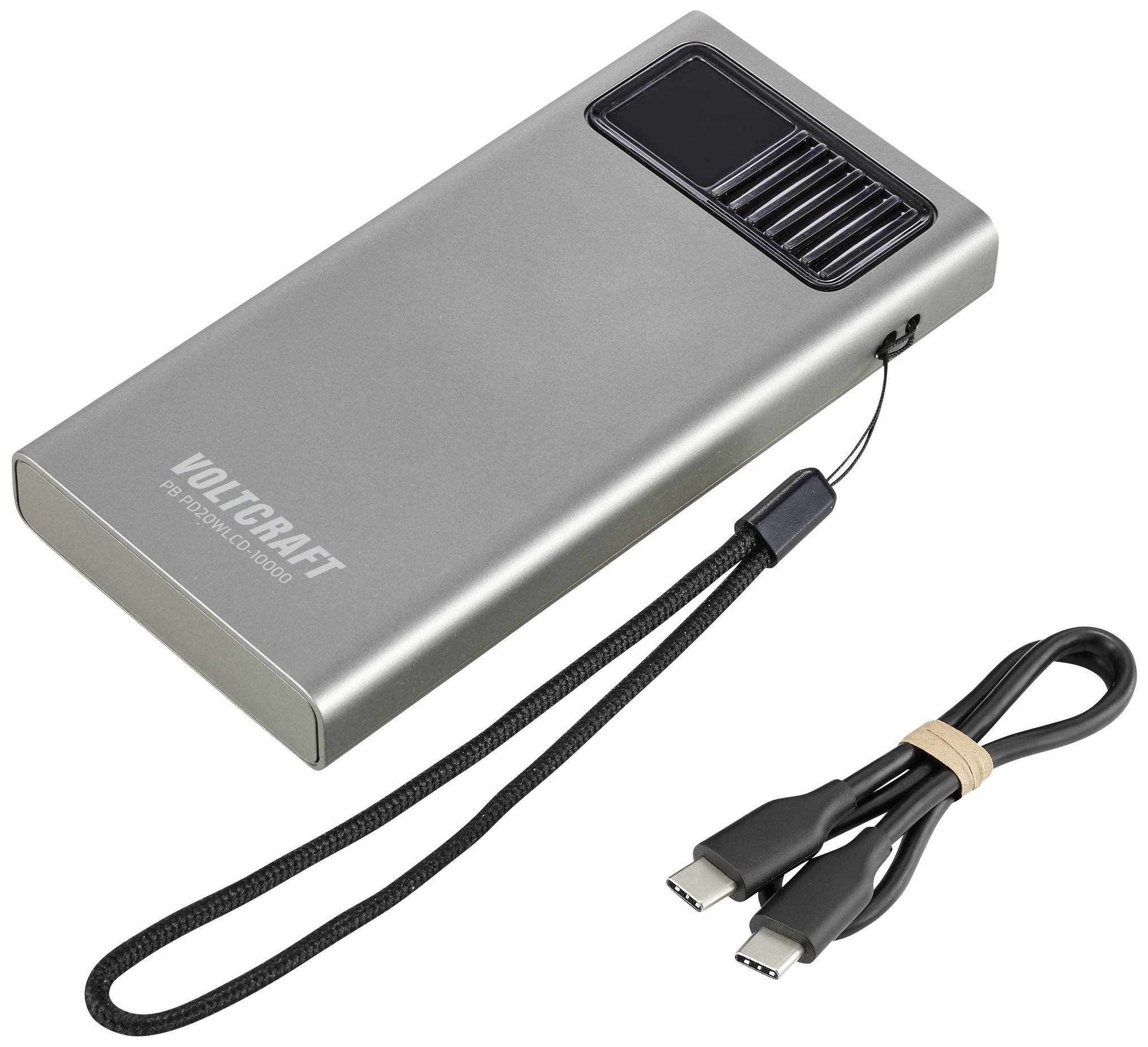 Eine tragbare Powerbank in silbernem Design mit einem USB-C-Kabel daneben.