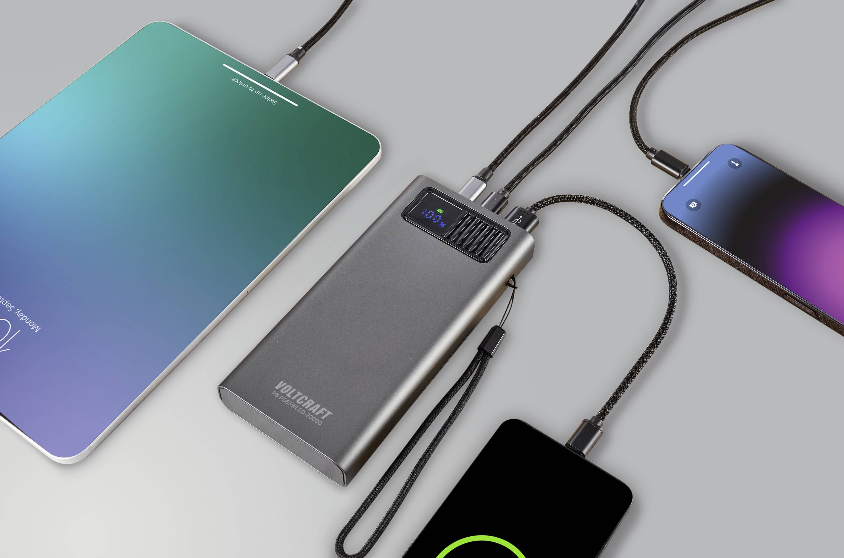 VOLTCRAFT PB PD65WLCD-20000 Powerbank 20000 mAh Fast Charge, USB PD 2.0 LiPo Grau (metallic)