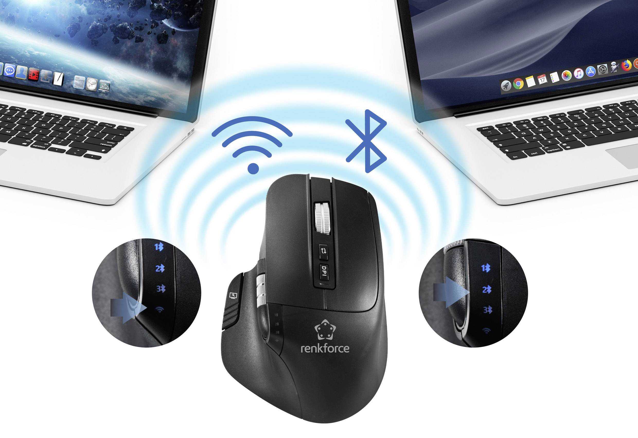 Renkforce RF-OBTM-500 Ergonomische Maus Kabellos Optisch Schwarz 8 Tasten 3200 dpi Ergonomisch, Multipair-Funktion