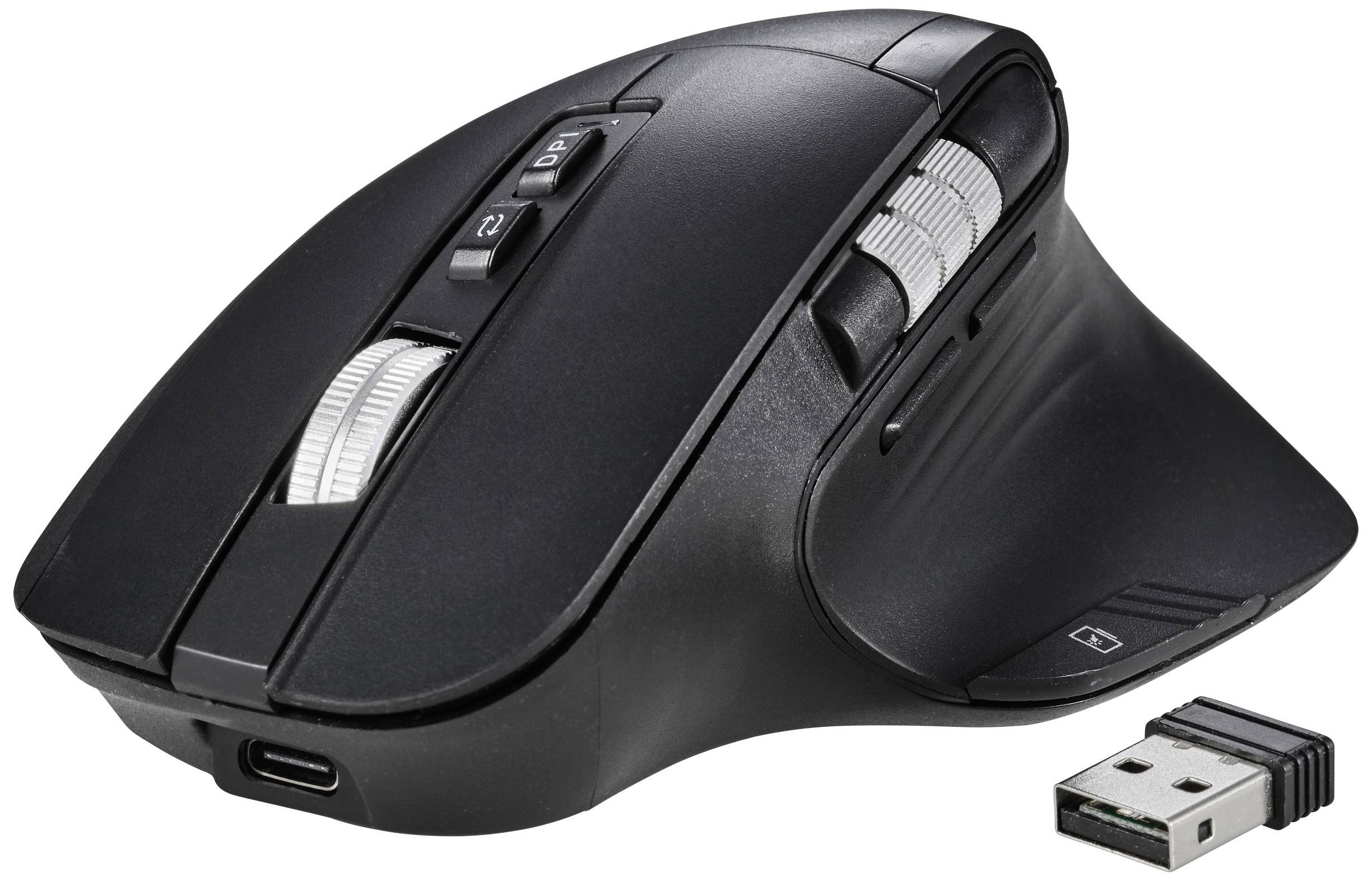 Kabellose, schwarze Computermaus mit ergonomischem Design, Scrollrad und DPI-Tasten; USB-Empfänger daneben.