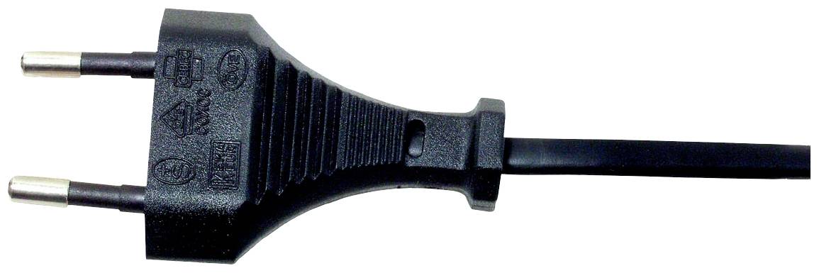 Ein schwarzer Eurostecker mit zwei runden Metallstiften, an einem Kabel befestigt. Geeignet für europäische Steckdosen.