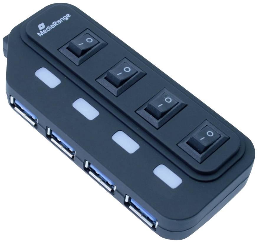 Mehrfach-USB-Hub mit vier Ports, Ein/Aus-Schaltern pro Anschluss, schwarzes Gehäuse mit weißem Logo 'MediaRange' oben links.