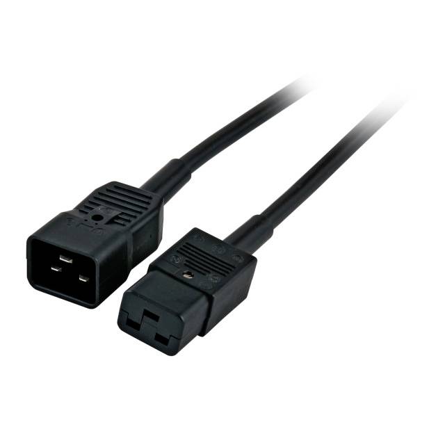 Zwei schwarze Netzkabel mit IEC C13- und C14-Steckern. Sie dienen zur Stromversorgung von elektronischen Geräten.