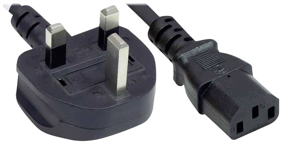 Ein schwarzes Stromkabel mit einem dreipoligen Stecker links und einem Kaltgerätestecker rechts, wie er häufig für Computer verwendet wird.