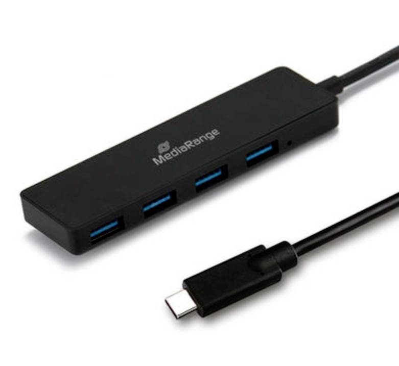 Ein schwarzer USB-Hub mit vier blauen USB-Anschlüssen und einem USB-C-Kabel. Ideal zum Anschließen mehrerer Geräte an einen Computer.