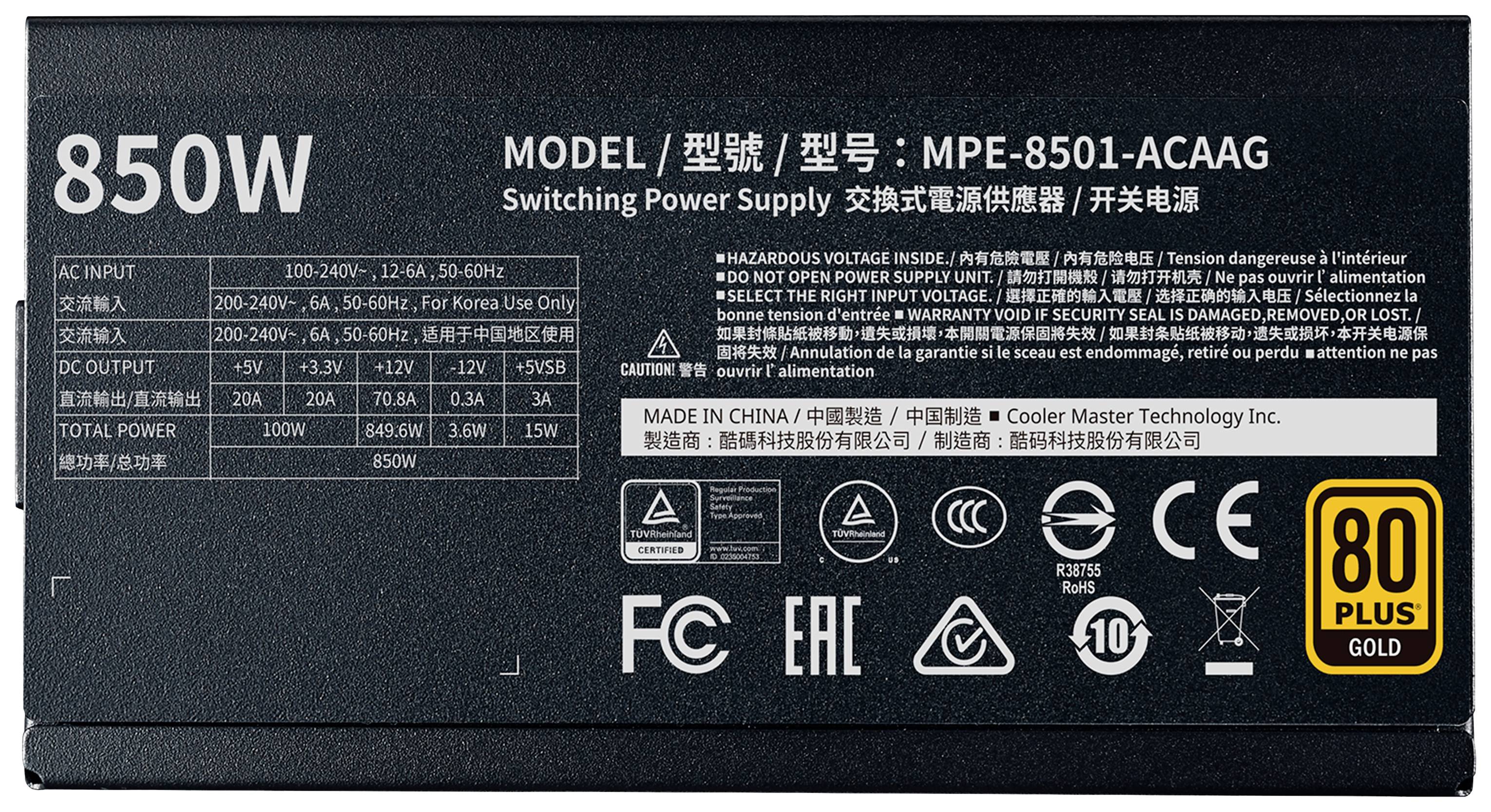 Cooler Master MWE Gold 850 - V2 Full Modular PC Netzteil 850 W 80PLUS® Gold