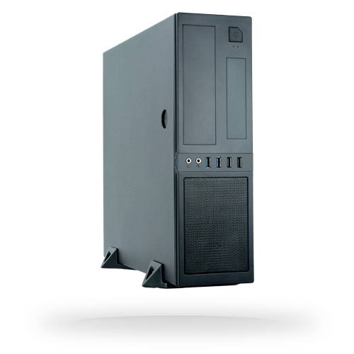 Ein schwarzes Computer-Gehäuse im Tower-Format mit mehreren USB-Anschlüssen und Verteiler an der Vorderseite auf weißem Hintergrund.