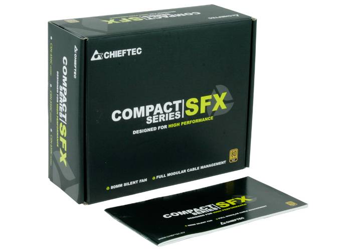 'Compact Series SFX'-Verpackung von Chieftec, entworfen für hohe Leistung. Enthält 80-mm-Silent-Lüfter und modulares Kabelmanagement.