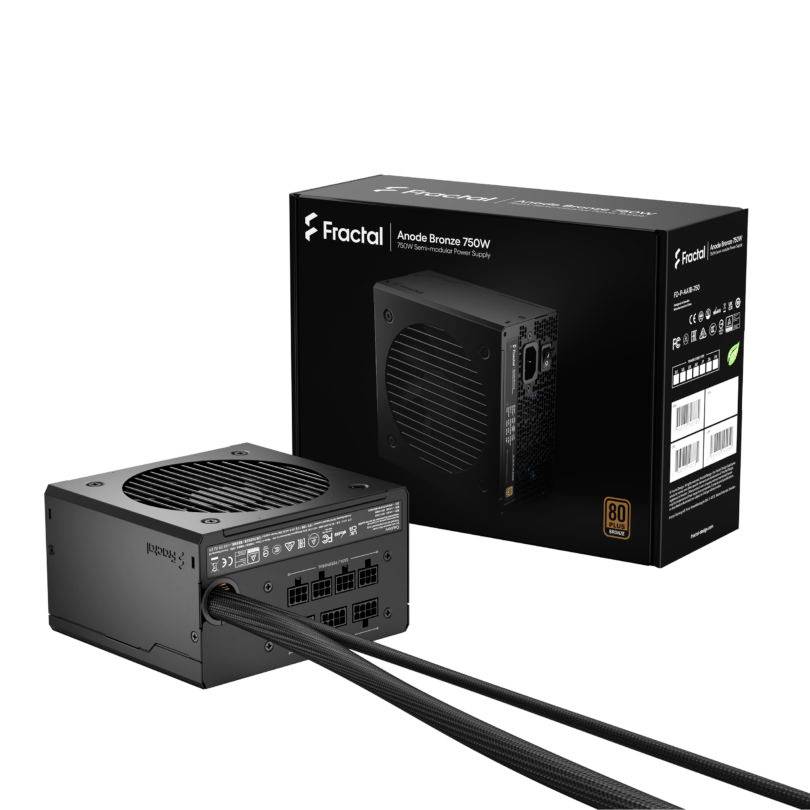 Ein Computernetzteil von Fractal, Modell 'Arcade Bronze 750W', neben der Originalverpackung gezeigt. Markierungen für 80 PLUS Bronze.
