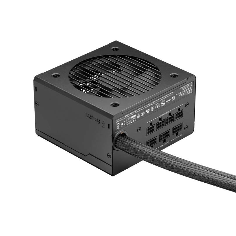 Schwarzes PC-Netzteil mit Lüfter oben und mehreren Anschlüssen für Kabel auf der Seite. Geeignet für den Einsatz in Computern.