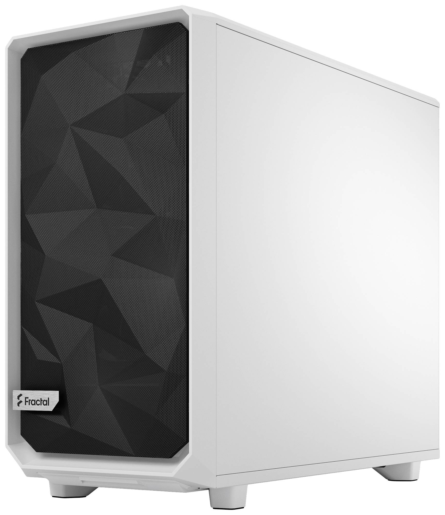 Weißes PC-Gehäuse von Fractal mit schwarzer, geometrisch gemusterter Front.