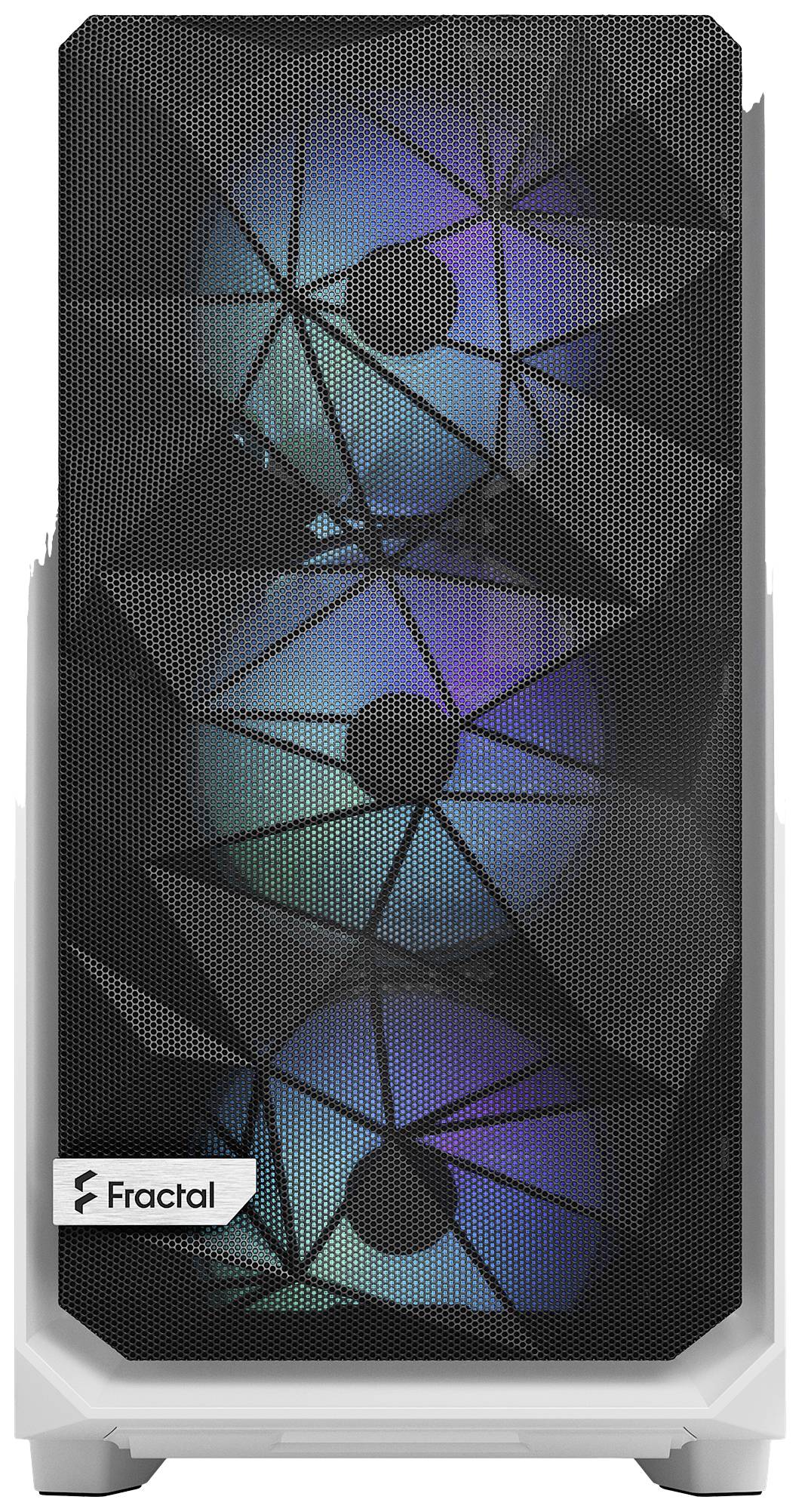 Ein PC-Gehäuse mit dreieckigem Design und drei sichtbaren Lüftern mit bunter RGB-Beleuchtung hinter einem Mesh-Panel.
