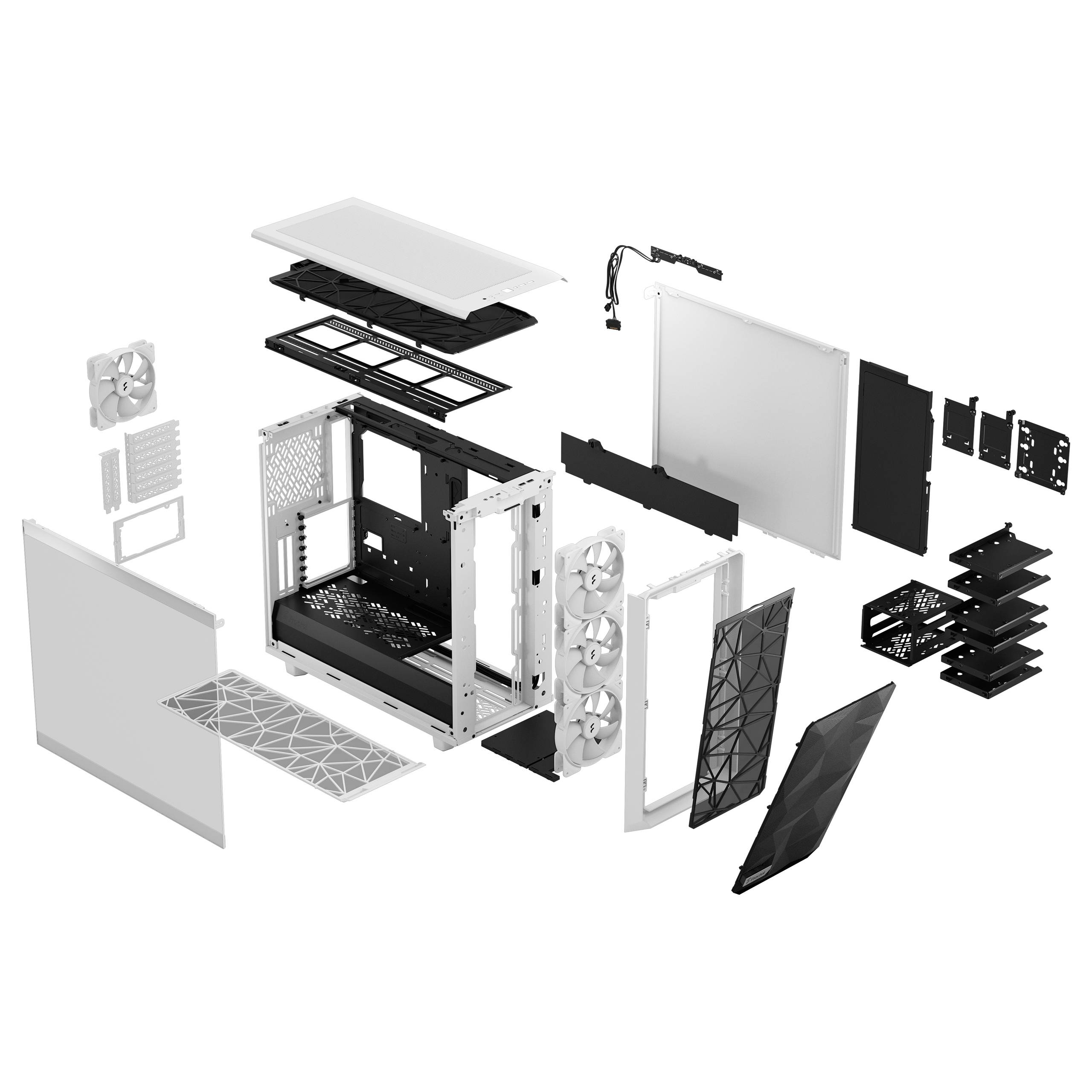 Zerlegtes Computergehäuse mit verschiedenen Komponenten: Lüfter, Seitenwände, Gehäusegestell und Montageschienen in Einzelteilen.