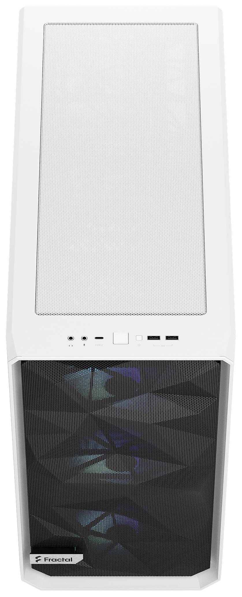 Ein weißes Computergehäuse mit einem Mesh-Frontpanel und drei Lüftern. Oben befinden sich Anschlüsse und Bedienelemente.