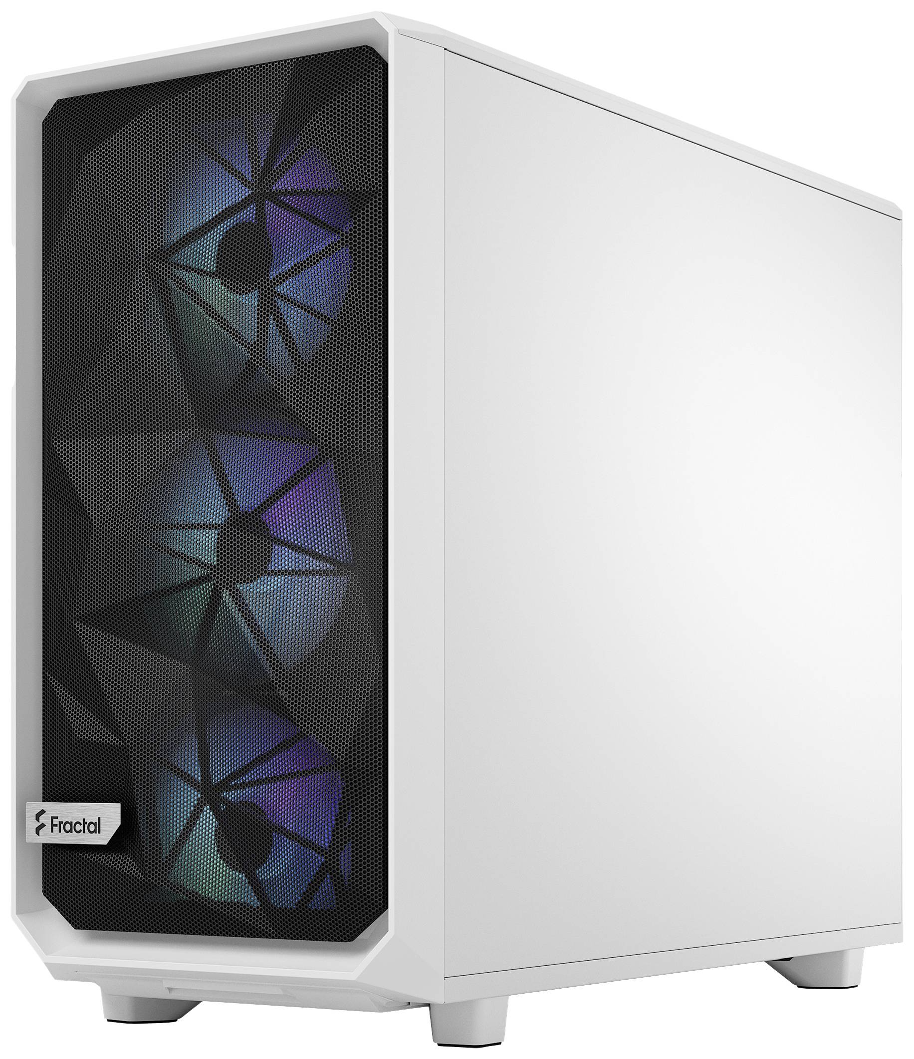 Weißes Computergehäuse von Fractal mit zwei beleuchteten Lüftern an der Front. Modernes Design, geeignet für Gaming-PCs.