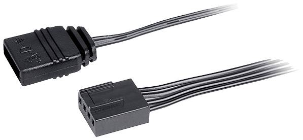 Schwarzes Lüfterkabel mit zwei Steckverbindungen, eine mit drei Steckplätzen, die andere mit vier. Beide sind miteinander verbunden.