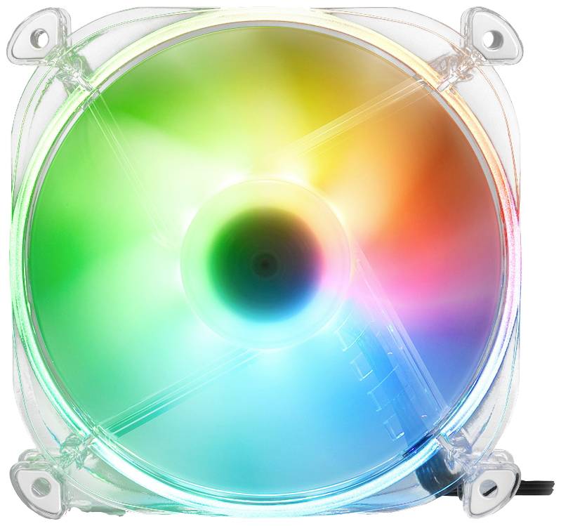 Ein leuchtender Computerlüfter mit mehrfarbiger LED-Beleuchtung, hauptsächlich in Grün, Gelb und Blau.