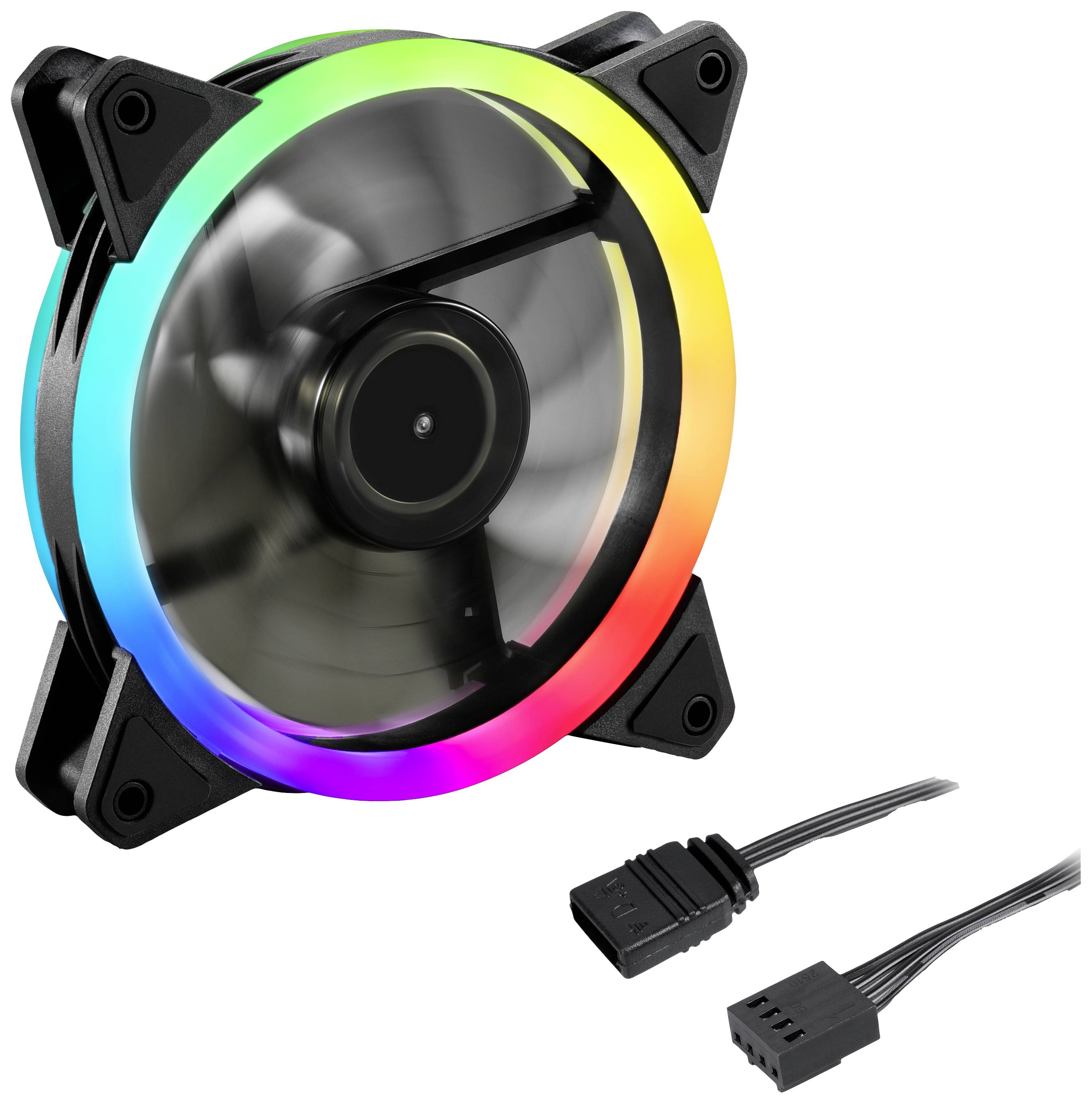 RGB-Computerlüfter in Schwarz mit leuchtendem LED-Ring in Regenbogenfarben. Daneben zwei Anschlusskabel. Gerät zur Kühlung.