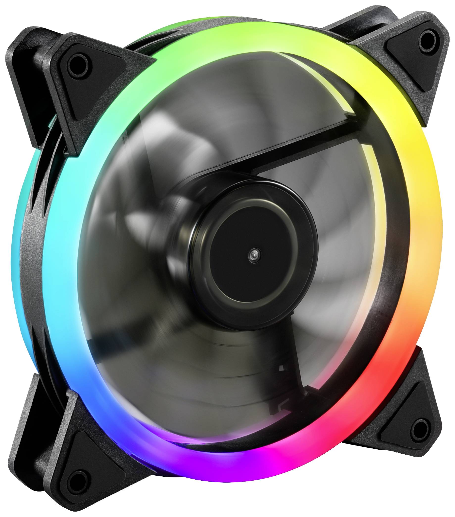 Ein Computerlüfter mit bunten LED-Leuchten in einem regenbogenfarbenen Ring. Der Lüfter rotiert, was auf Betrieb hinweist.