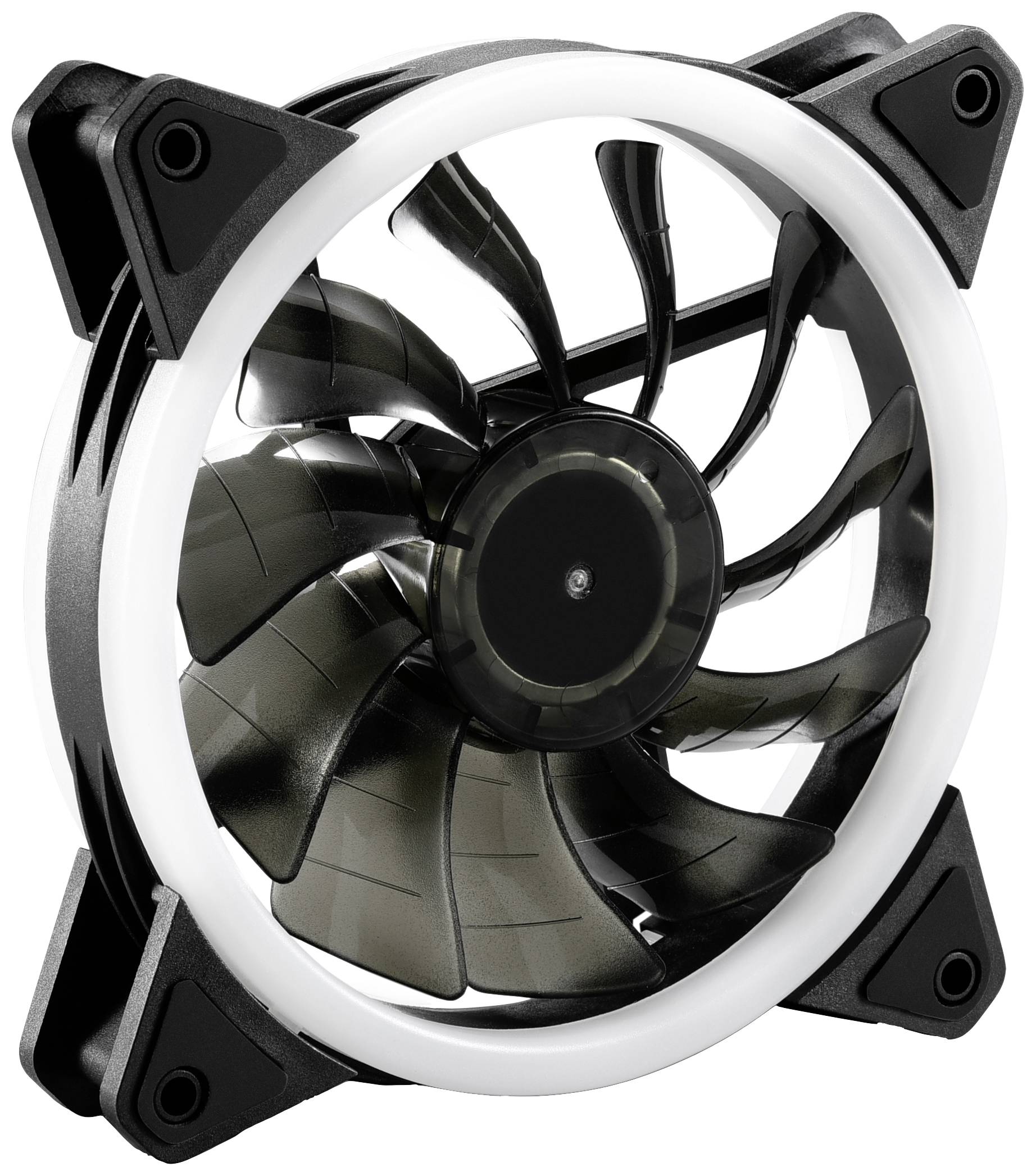Ein PC-Lüfter mit schwarzem Gehäuse und transparenten Rotorblättern, umgeben von einem leuchtenden weißen LED-Ring.