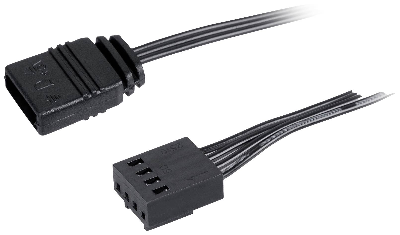 Zwei schwarze 4-Pin-Kabelverbinder mit verschiedenen Steckertypen.