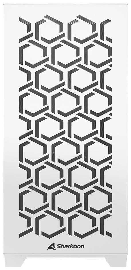 Computergehäuse mit sechseckigem Muster auf der Vorderseite, darunter das 'Sharkoon'-Logo. Hauptsächlich weiß mit schwarzem Design.