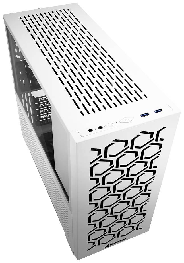 Computertower in Weiß mit modernem, geometrischem Muster vorne. Oben befinden sich zwei USB-Anschlüsse und Bedientasten.