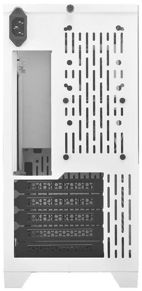 Die Rückseite eines weißen Computergehäuses mit Lüftungsschlitzen, mehreren Steckplätzen und einem Stromanschluss.
