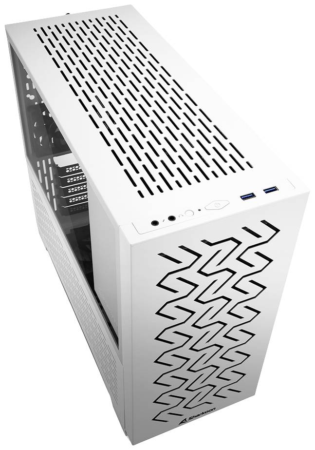 Hochwinklige Ansicht eines weißen Computergehäuses mit Lüftungsschlitzen und zwei USB-Anschlüssen an der Vorderseite.