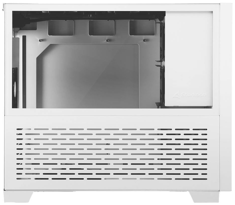 Weißes Computergehäuse mit Glasfenster, bietet Übersicht auf interne Komponenten. Unten Lüftungsgitter für Kühlung. Ideal für PC-Bau.