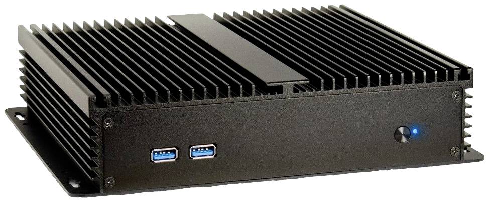 Ein schwarzer, kompakter Industrie-PC mit Kühlrippen auf der Oberseite. Zwei USB-Anschlüsse und ein leuchtender Indikator sind an der Front sichtbar.