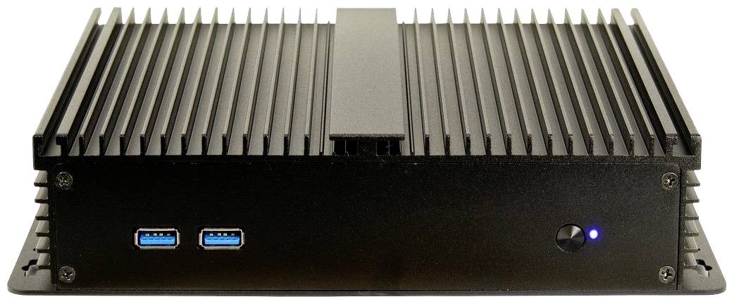 Ein schwarzer, rechteckiger Mini-PC mit Kühlrippen und zwei blauen USB-Anschlüssen an der Vorderseite. Ein blauer Lichtpunkt zeigt den Betrieb an.