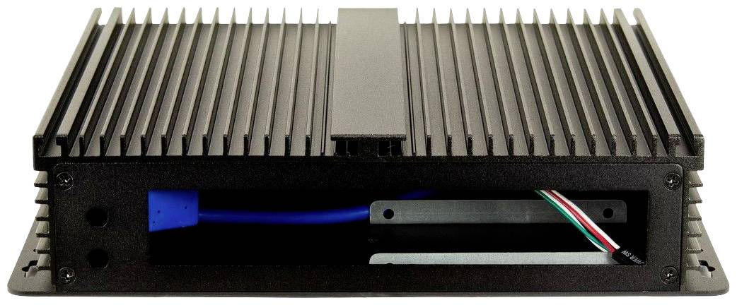 Lüfterloses Industriegehäuse mit sichtbarer Verkabelung im Inneren, geeignet für den Einsatz in rauen Umgebungen.